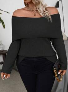 Flirla Women Plus Size Solid Color Sexy Off Shoulder Long Sleeve Pullover Sweater Knit Pullover Fall Winter - Black - View 3