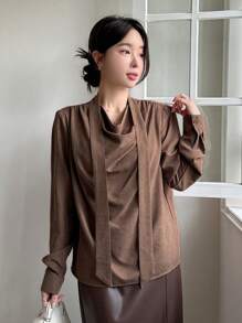 DAZY Solid Color Loose Flared Collar Long Sleeve Shirt For Women,Fall Clothes