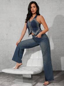 SHEIN Unity Women Front Button Simple Denim Casual Blouse - Dark Wash - View 5