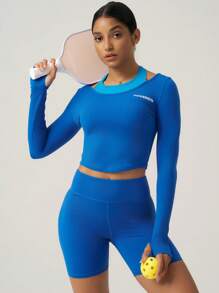SHEIN Sports 2 件套长袖上衣和短裤休闲运动运动服健身套装女式 - 藍色 - 查看 6