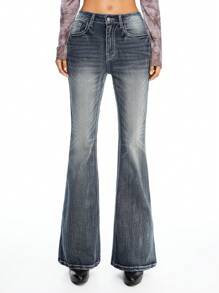 ROMWE Grunge Punk Pantalones vaqueros de tiro bajo, acampanados, con bordado de cruz en la espalda, con efecto desgastado, en estilo retro Y2K - Azul - Ver 5