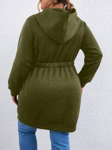 Calvaya Plus Size Casual Beaded Mix Drawstring Hood Thermal Sweatshirt, Autumn/Winter - Army Green - View 2