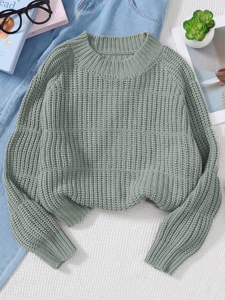 SHEIN Leap Crew Suéter de cuello redondo de punto texturizado color verde oliva para adolescentes - Verde - Ver 1