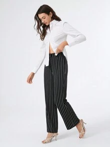 SHEIN EZwear Pantalones casuales rectos y holgados de punto con rayas negras para mujer
