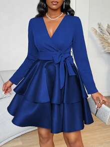 SHEIN Clasi Đầm ngắn tay dài buộc nơ phía trước màu trơn cho nữ - Xanh đậm - Xem 4