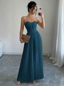 Elenzga 1pc Bandeau Design Cinched Waist Pleated Romantic Wide Leg Jumpsuit, Casual