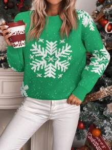 Chiquease Women's Casual Snowflake Pattern Round Neck Drop Shoulder Long Sleeve Sweater, Autumn/Winter Knit Pullover Fall - Green - View 5