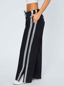 SHEIN SXY Pantalones casuales de mujer con abertura, impresión digital blanca y encaje en la espalda, para actividades deportivas de ocio diarias