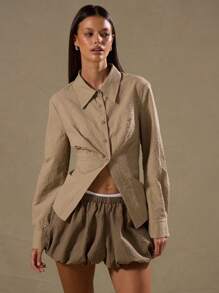 MUSERA Textured Long Sleeve Open Hem Button Up Shirt Vacation Spring Summer Casual - Khaki - View 1