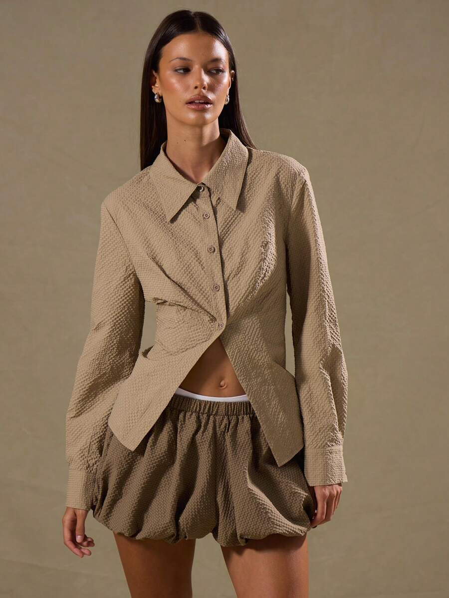 MUSERA Textured Long Sleeve Open Hem Button Up Shirt Vacation Spring Summer Casual - Khaki - View 1