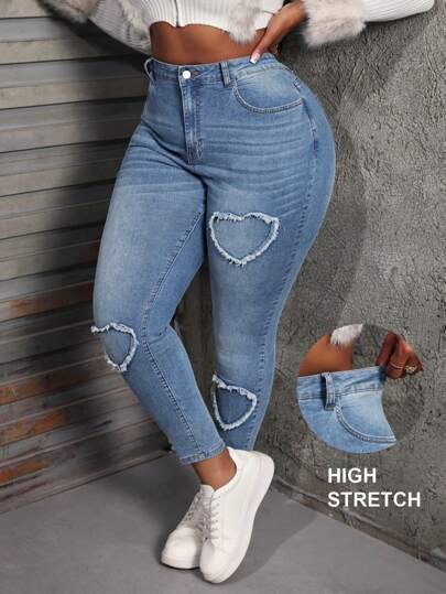 SHEIN SXY Jeans ajustados con elástico y bordado de corazón para mujer talla grande, jeans azules para mujer, jeans tipo mamá, pantalones vaqueros de mezclilla, jeggings elásticos