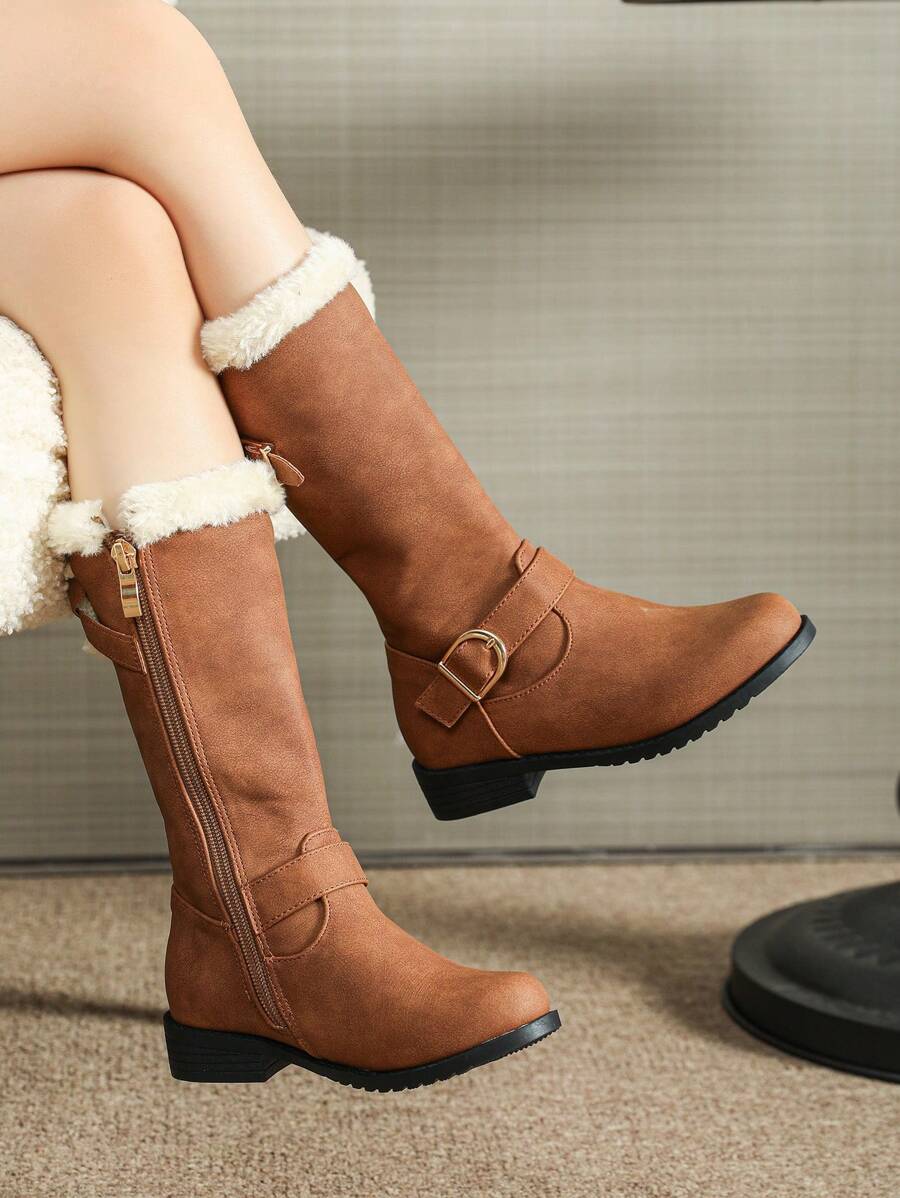 Botas para niñas, botas altas de invierno para niñas con cremallera lateral, planas, color marrón - Marrón - Ver 1