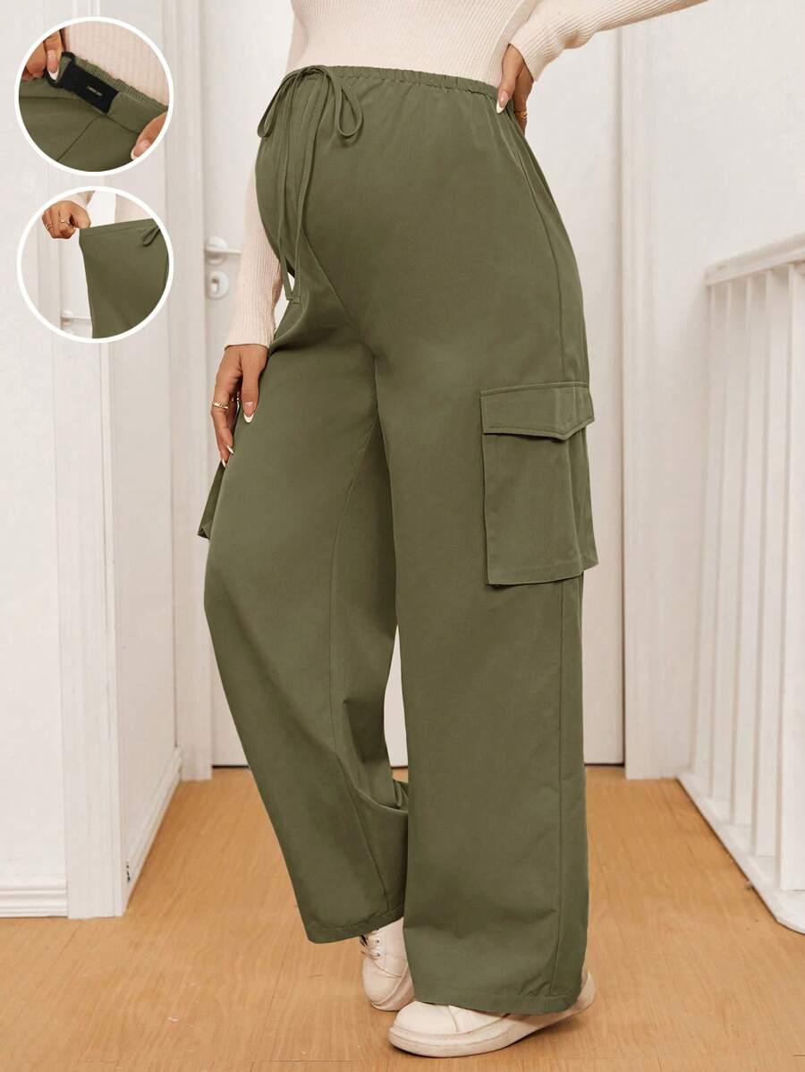 SHEIN Adjustable Waist Maternity Casual Pants With Pockets, Solid Color Wide Leg Loose Style