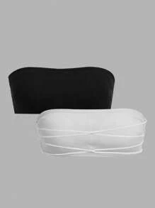 SHEIN 2pcs Teen Girl Minimalist Comfortable Padded Cross Strap Slip-Resistant Tube Top Bra Set - Multicolor - View 1