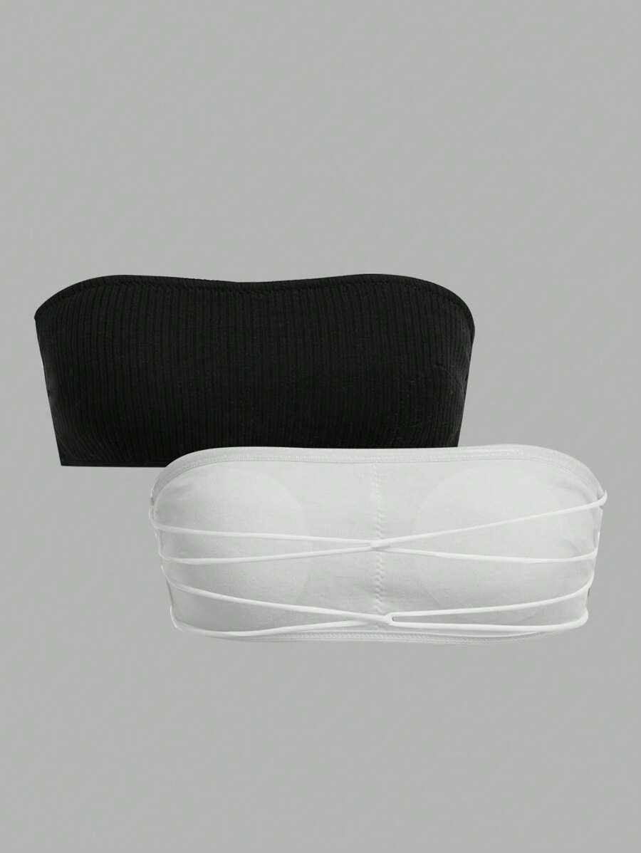 SHEIN 2pcs Teen Girl Minimalist Comfortable Padded Cross Strap Slip-Resistant Tube Top Bra Set - Multicolor - View 1