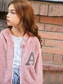 SHEIN Tween Girls Casual And Versatile Fuzzy Letter Print Hooded Jacket, Perfect For Winter Wear,In Fall, And Winter - Pink - View 5