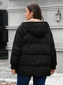 SHEIN LUNE Abrigo acolchado con cremallera frontal con capucha de unicolor de manga larga para mujer talla grande, conjunto de ropa de invierno térmica para vacaciones