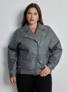 Aveloria New Arrival Autumn/Winter European And American Style Washed PU Leather Lapel Loose Oversized Jacket For Women - Grey - View 4