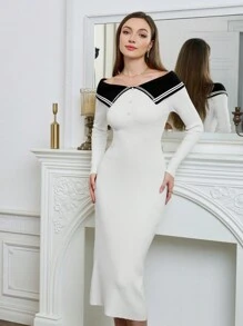 Modelyn Women Off Shoulder Color Block Knit Sweater Dress Fall Cloth For Women - White - View 4