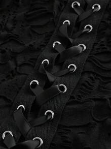 ROMWE Grunge Punk Áo sweatshirt nữ cỡ lớn dáng rộng phong cách đường phố, chất liệu xuyên thấu, có chi tiết đục lỗ và dây rút, kiểu dáng thường ngày. - màu đen - Xem 3