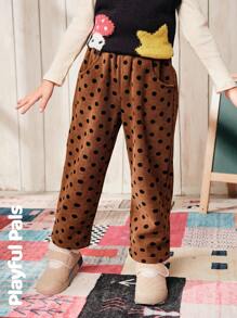 SHEIN 1件装 女童波点抓绒运动裤 可爱/复古/休闲/居家/户外 秋冬 - 摩卡棕 - 查看 6