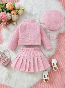 SHEIN 3pcs Set Baby Girls Barbie Pink Tweed Jacket, Pleated Skirt & Beret Hat - Pink - View 2