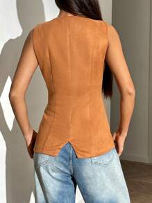 SHEIN EZwear Women Single-Breasted Plain Vest Jacket, Autumn - Brown - View 2