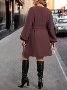 SHEIN Clasi Plus Size Women's Solid Color Textured Long Sleeve Dress, Autumn/Winter