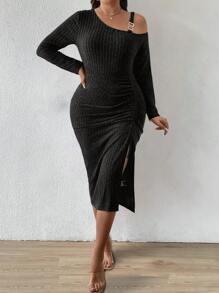 Celure 1 pieza Vestido ajustado de manga larga con hombros abiertos asimétricos y cintura con cordón para mujer de talla grande