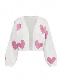 Carolina Leite Artist Y2K Style Cute Pink Heart Pattern Kawaii Cardigan For Women, Suitable For Autumn/Winter, Holiday, Vacation, Spring, Festival, Spring Break, Ibiza Fits - White - View 3