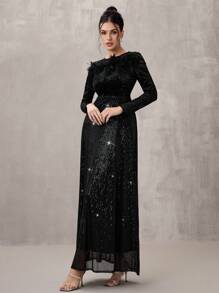 SHEIN Belle 纯色亮片拼布圆领优雅长袖正式晚礼服 - 黑色 - 查看 5