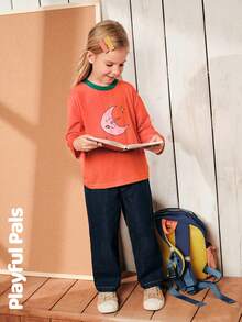 SHEIN 2 Pcs Young Girls And Boys Sets Moon Print Color Block T-Shirt & Jeans Suit,Cute Retro Casual Autumn School Outfits,Winter/Fall Little Girl Clothes - Multicolor - View 5