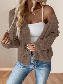 Calvaya Women's Solid Color Hollow V-Neck Knit Casual Cardigan Coffee Brown Topbutton Up Sweaterbrown Cardiganbrown Sweatercrop Cardigan
