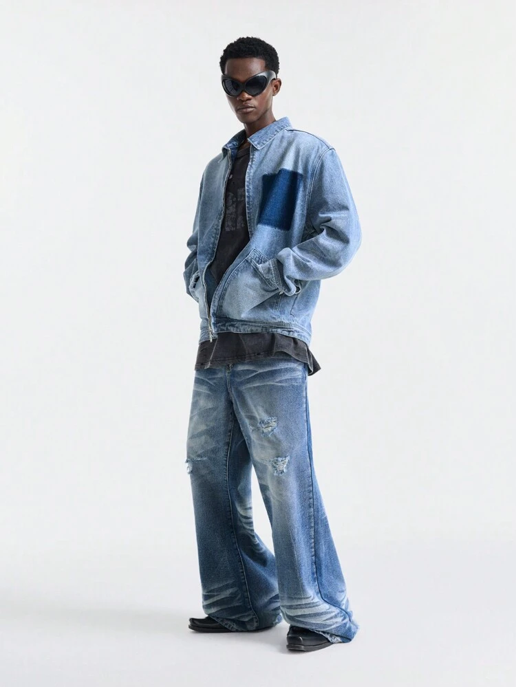 1pc Men Color Block Front Zipper Long Sleeve Casual Denim Jacket