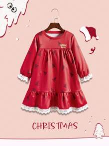 1pc Young Girl Christmas Tree Print Round Neck Long Sleeve Loose Smock Dress, Autumn - Pink - View 1