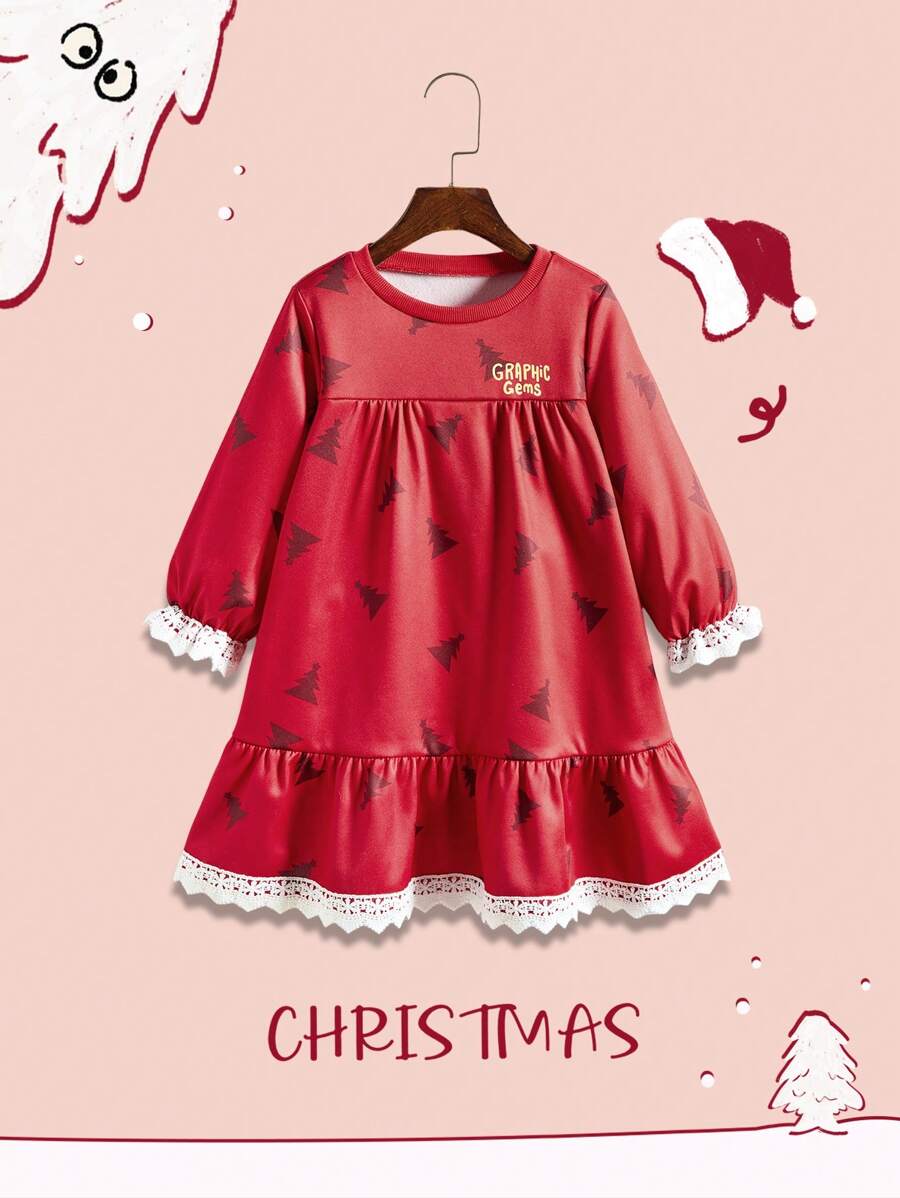 1pc Young Girl Christmas Tree Print Round Neck Long Sleeve Loose Smock Dress, Autumn - Pink - View 1