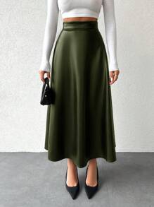 EURMUSE Váy dài trơn màu giản dị, Thu/Đông - xanh quân đội - Xem 3