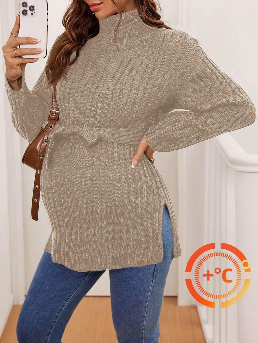 SHEIN Maternity Plain High Neck Dropped Shoulder Long Sleeve Casual Sweater With Side Slit Hemline, Autumn/Winter - Khaki - View 1