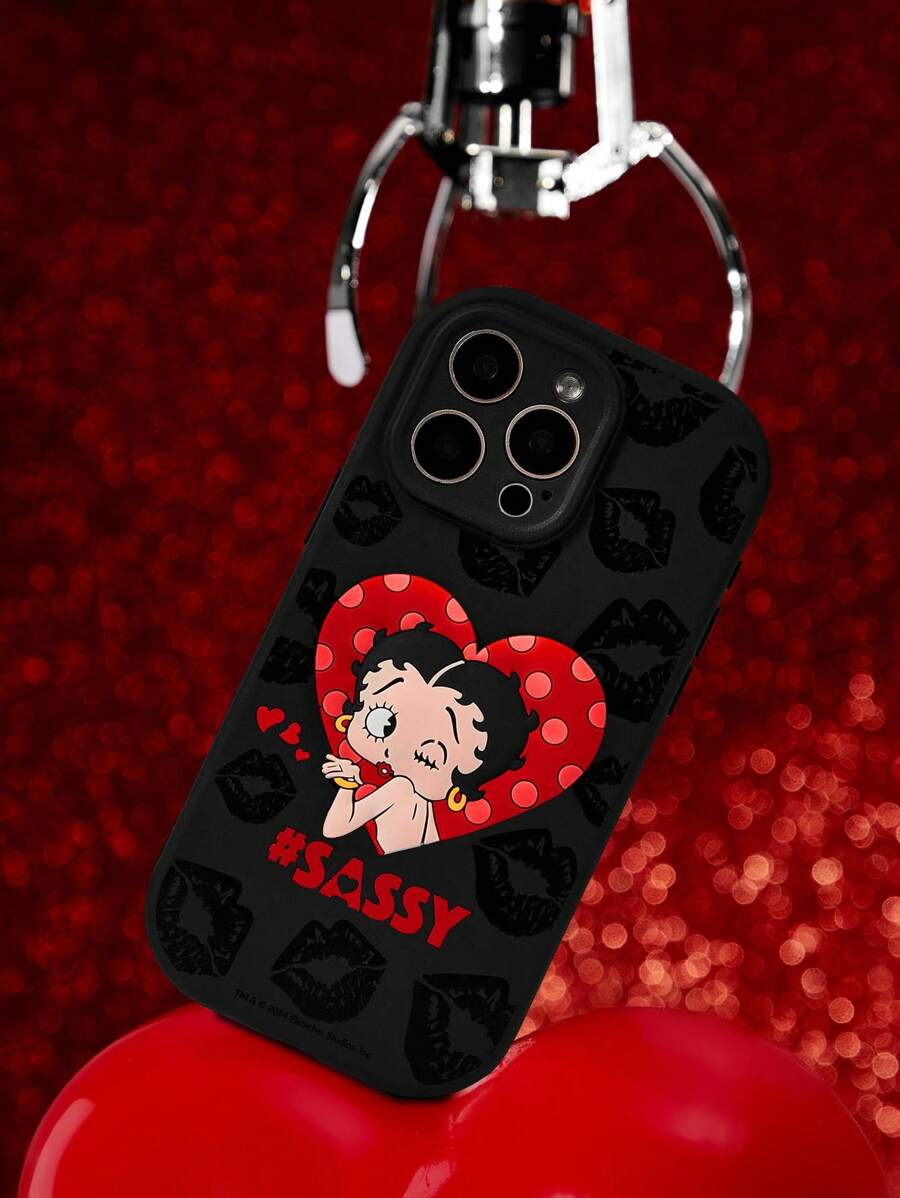 Betty Boop x SHEIN 黑色卡通人物图案和心形图案时尚手机壳、礼物、日 - 黑色 - 查看 1