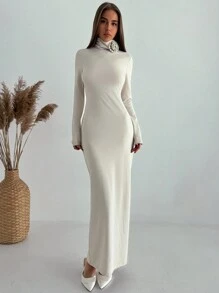 Aloruh 2022 Fashion High Collar Bodycon Off-Shoulder Backless Tie-Up H-Shaped Hem Dress - Beige - View 4