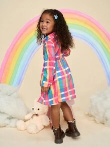 SHEIN Young Girl Woven Plaid Collared Ruffle Hem Loose Casual Dress