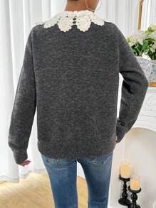 SHEIN Unity 女士秋冬长袖蕾丝领印花仿开衫套头毛衣针织衫 - 黑色 - 查看 2
