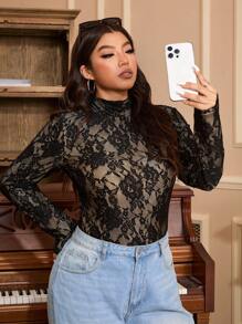 SHEIN EZwear Plus Size High Neck Black Lace Long Sleeve Sheer Look T-Shirt