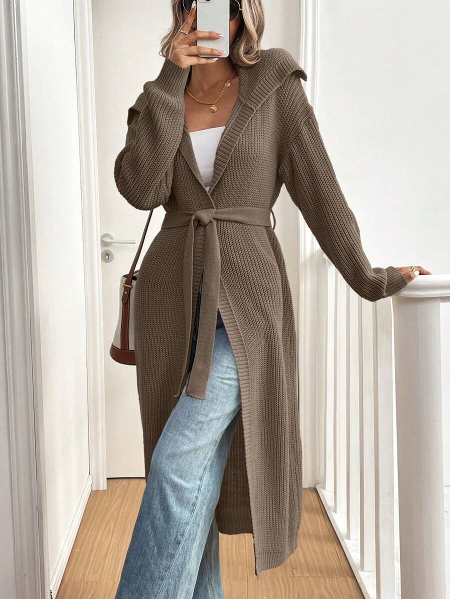 SHEIN LUNE 1pc Women Simple Solid Color Front Tie Long Sleeve Hoodie Casual Outfits - Mocha Brown - View 1