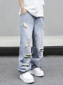 Manfinity EMRG Plus Size Men Distressed Pocket Loose Wide-Leg Casual Jeans - Light Wash - View 3