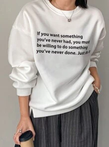 FRIFUL 女式镂空撕边字母印花圆领长袖套头衫，秋季服装