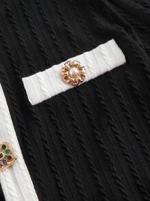 SHEIN MOD Women's Black Crop Round Neck Long Sleeve Knit Top, Metal Button Decoration,Long Sleeve Shirt,