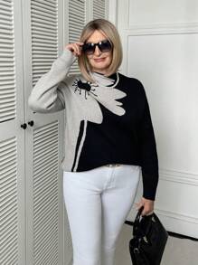 SHEIN LUNE 女士花卉提花长袖圆领毛衣 - 彩色 - 查看 3