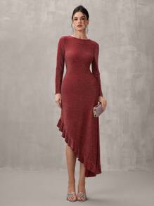 SHEIN Belle Women's Round Neck Long Sleeve Ruffle Sequin Patchwork Gown For Party/Banquet, Fashion Autumn And Winter Banquet Party Festival Princess Socialite Elegant Internet Celebrity Popular Dress, Daily Wear Elastic Gold Thread Fabric Dress, Formal Dinner Ball Dress, Christmas, New Year's Eve Can Be Worn For New Year, Wedding Guest Dress