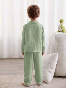 Cozy Pixies Bộ đồ ngủ gồm 2 chiếc áo len cardigan dài tay cổ viền tương phản cho bé trai và quần dài - màu xanh lá - Xem 2